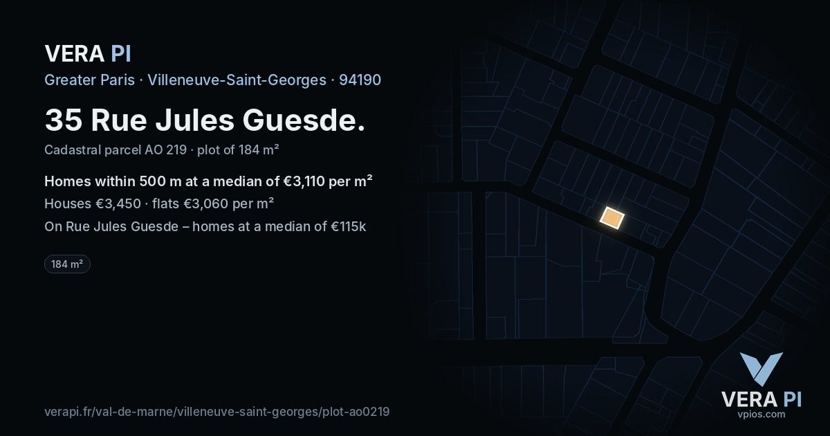 35 Rue Jules Guesde, Villeneuve-Saint-Georges at night – the plot lit, the parcels around coloured by the prices near them