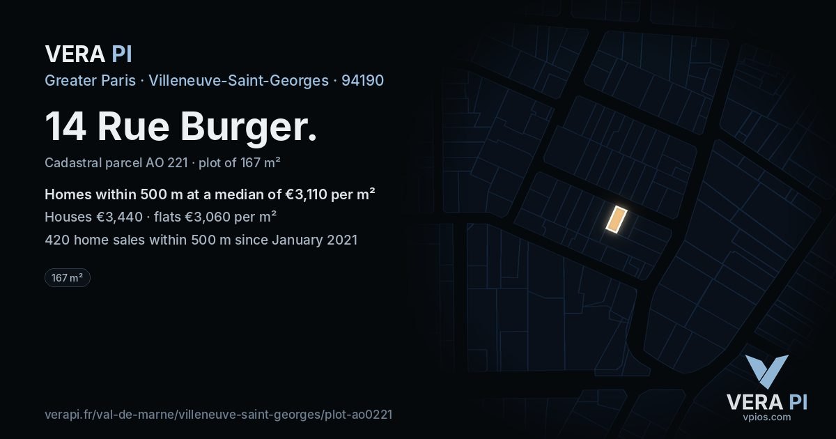 14 Rue Burger, Villeneuve-Saint-Georges at night – the plot lit, the parcels around coloured by the prices near them