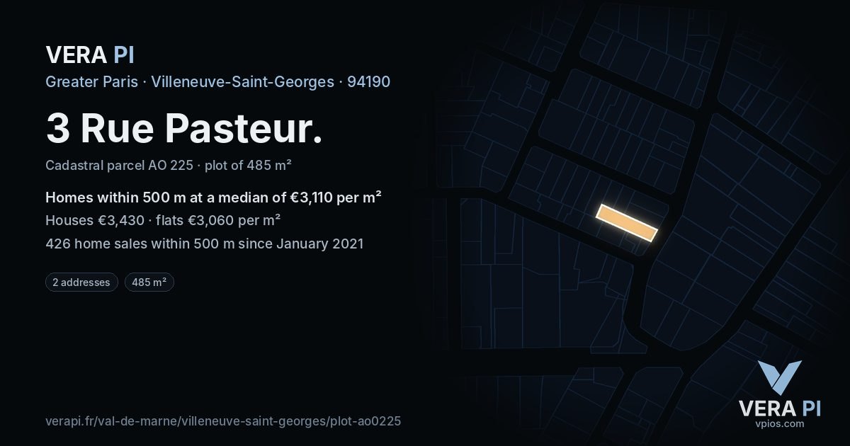 3 Rue Pasteur, Villeneuve-Saint-Georges at night – the plot lit, the parcels around coloured by the prices near them