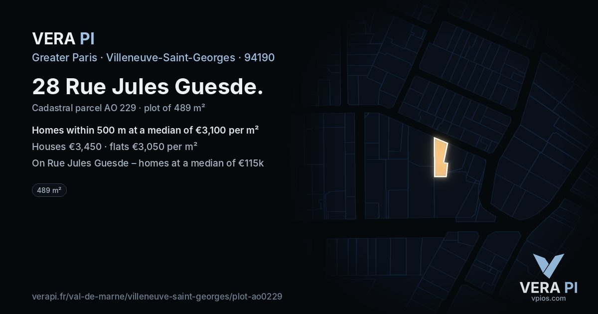 28 Rue Jules Guesde, Villeneuve-Saint-Georges at night – the plot lit, the parcels around coloured by the prices near them