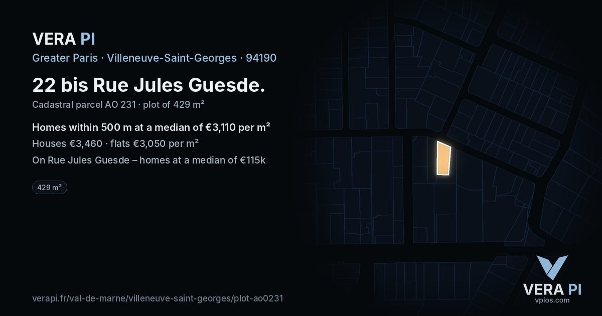 22 bis Rue Jules Guesde, Villeneuve-Saint-Georges at night – the plot lit, the parcels around coloured by the prices near them