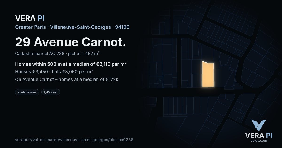 29 Avenue Carnot, Villeneuve-Saint-Georges at night – the plot lit, the parcels around coloured by the prices near them