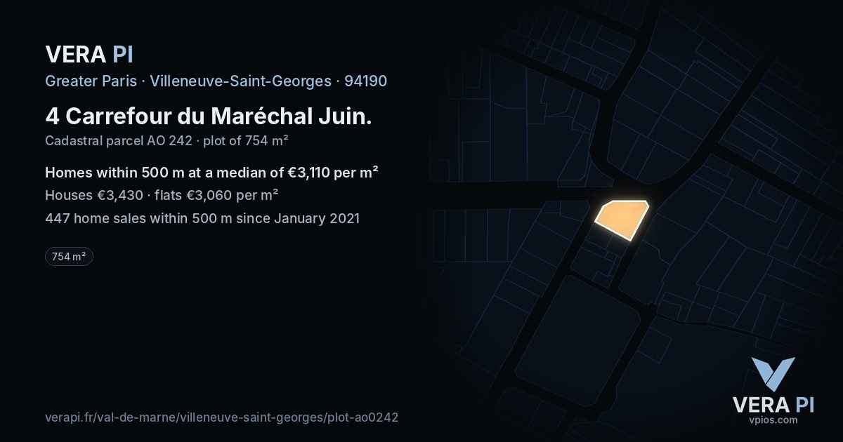 4 Carrefour du Maréchal Juin, Villeneuve-Saint-Georges at night – the plot lit, the parcels around coloured by the prices near them