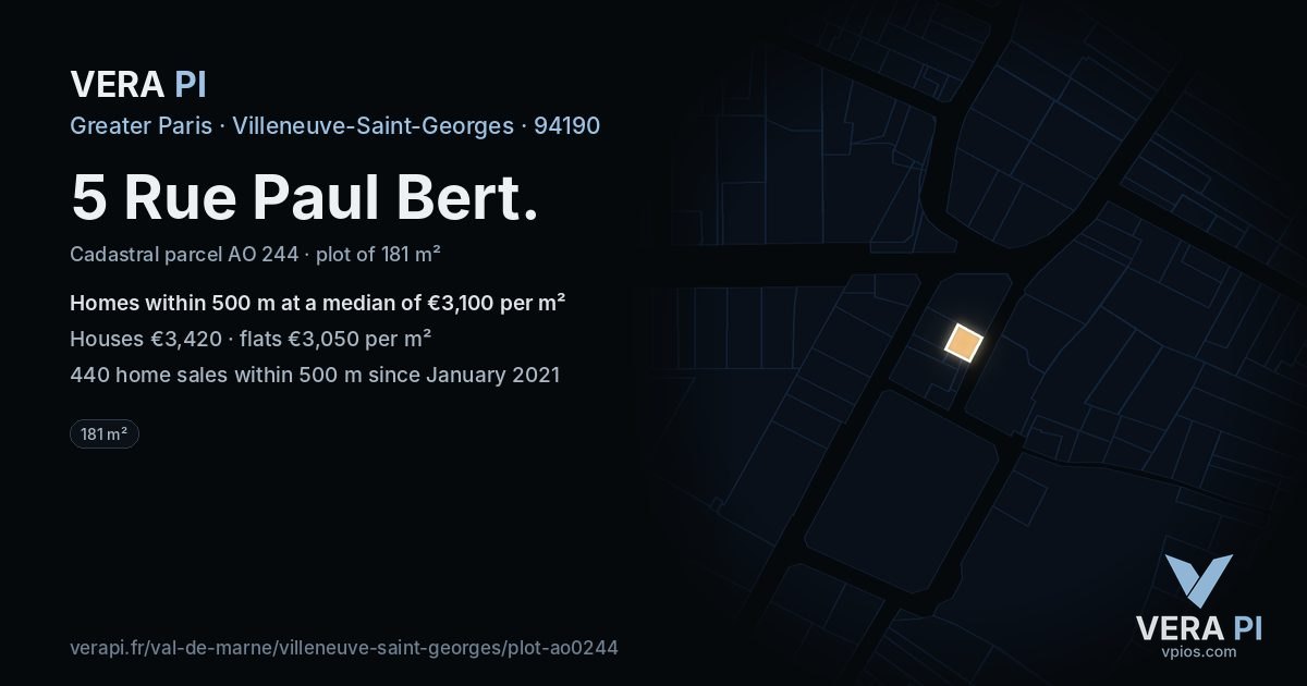 5 Rue Paul Bert, Villeneuve-Saint-Georges at night – the plot lit, the parcels around coloured by the prices near them