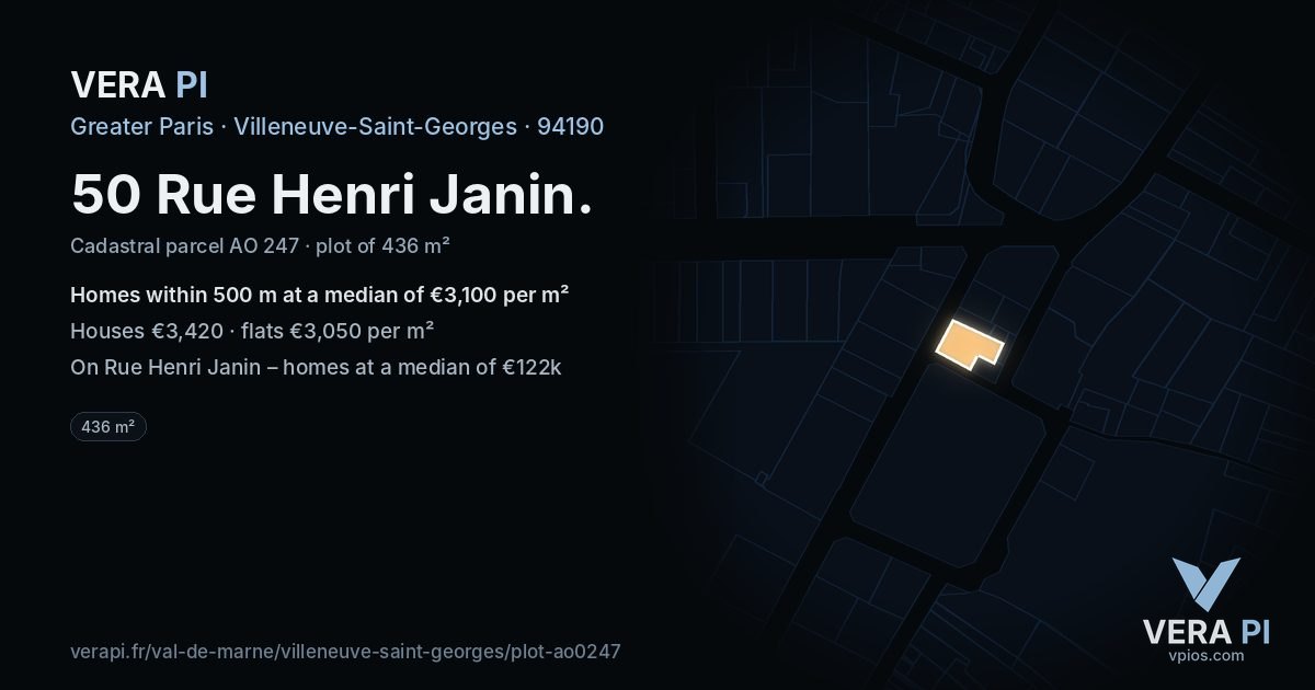 50 Rue Henri Janin, Villeneuve-Saint-Georges at night – the plot lit, the parcels around coloured by the prices near them
