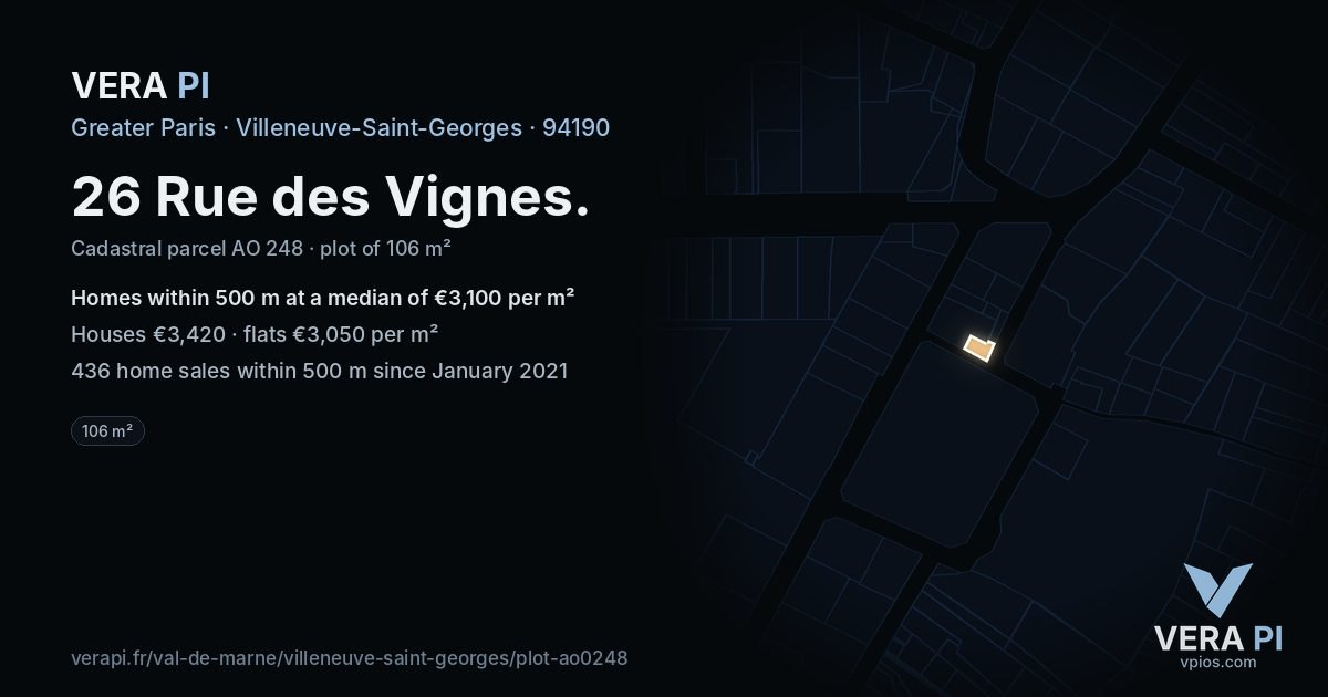 26 Rue des Vignes, Villeneuve-Saint-Georges at night – the plot lit, the parcels around coloured by the prices near them