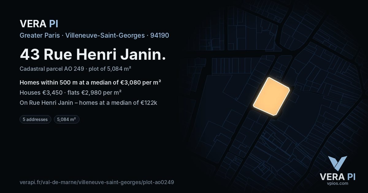 43 Rue Henri Janin, Villeneuve-Saint-Georges at night – the plot lit, the parcels around coloured by the prices near them