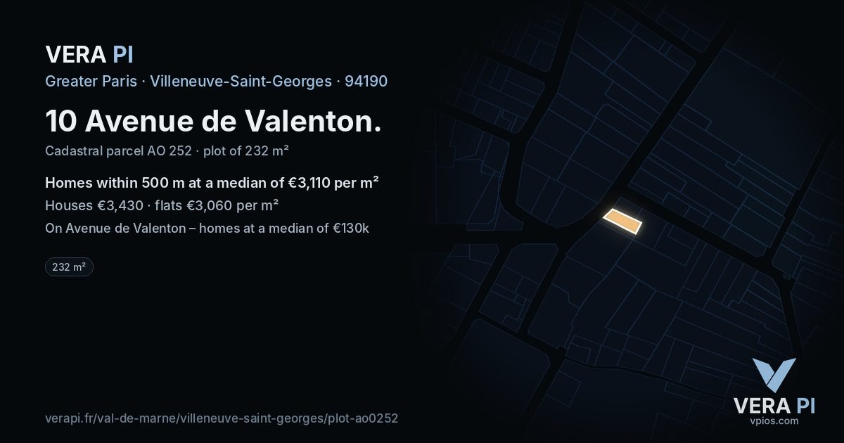 10 Avenue de Valenton, Villeneuve-Saint-Georges at night – the plot lit, the parcels around coloured by the prices near them