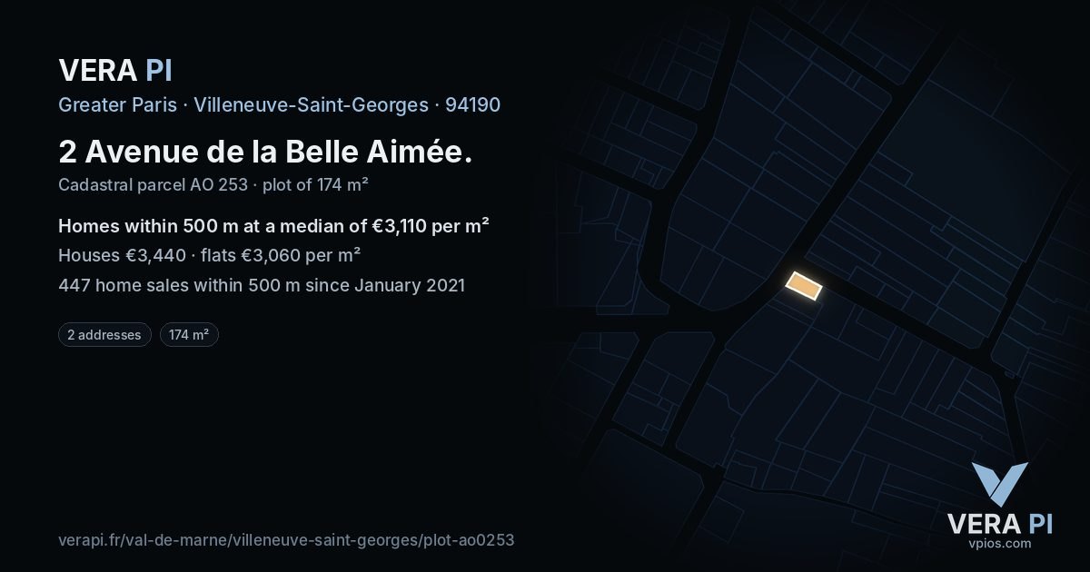 2 Avenue de la Belle Aimée, Villeneuve-Saint-Georges at night – the plot lit, the parcels around coloured by the prices near them