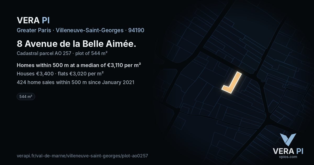 8 Avenue de la Belle Aimée, Villeneuve-Saint-Georges at night – the plot lit, the parcels around coloured by the prices near them