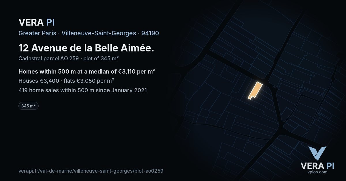 12 Avenue de la Belle Aimée, Villeneuve-Saint-Georges at night – the plot lit, the parcels around coloured by the prices near them