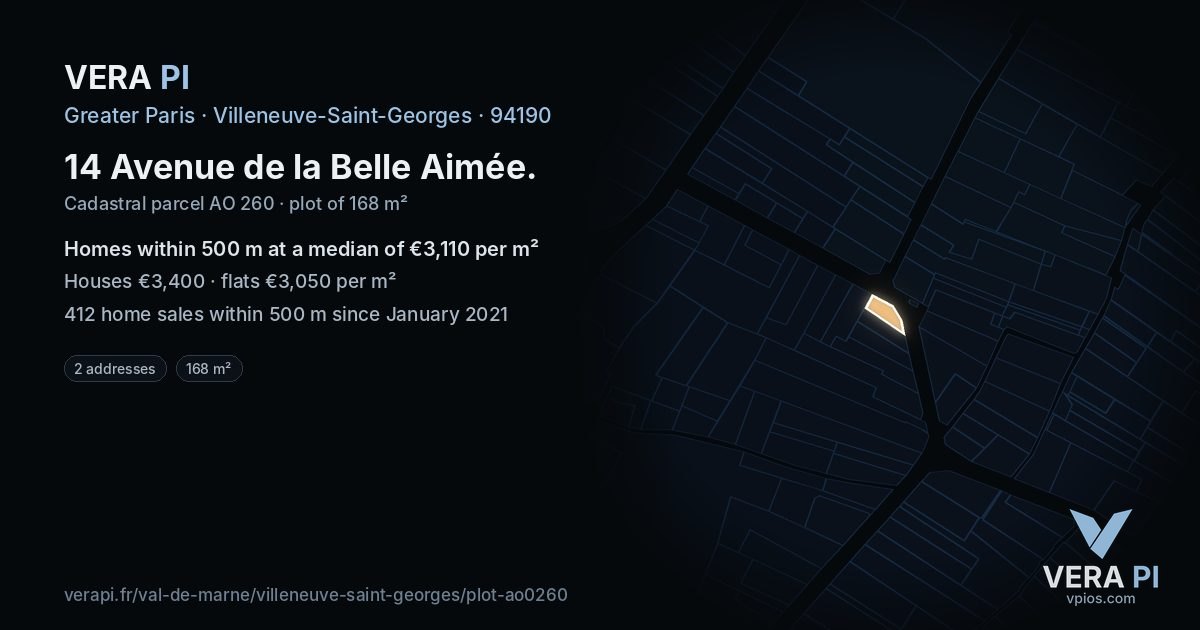 14 Avenue de la Belle Aimée, Villeneuve-Saint-Georges at night – the plot lit, the parcels around coloured by the prices near them