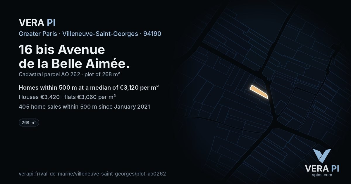 16 bis Avenue de la Belle Aimée, Villeneuve-Saint-Georges at night – the plot lit, the parcels around coloured by the prices near them