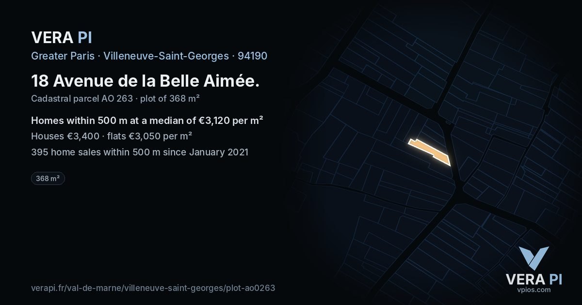 18 Avenue de la Belle Aimée, Villeneuve-Saint-Georges at night – the plot lit, the parcels around coloured by the prices near them