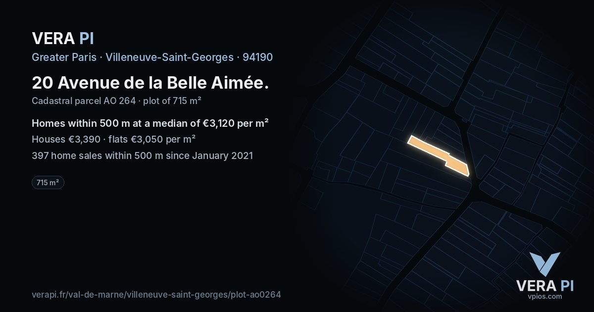 20 Avenue de la Belle Aimée, Villeneuve-Saint-Georges at night – the plot lit, the parcels around coloured by the prices near them