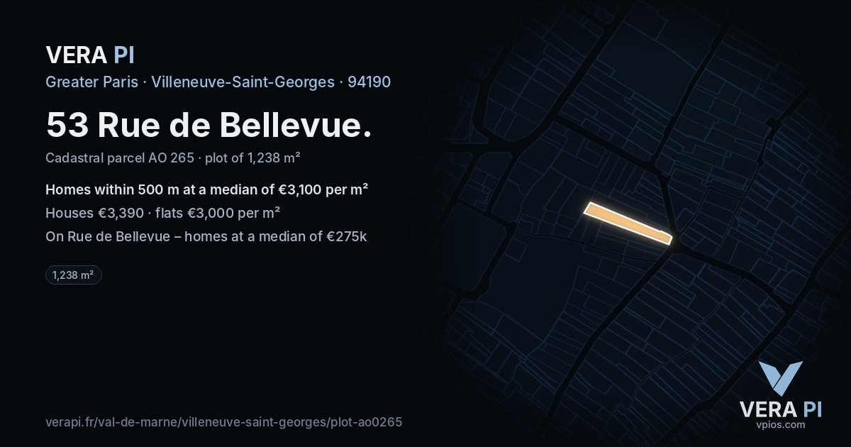 53 Rue de Bellevue, Villeneuve-Saint-Georges at night – the plot lit, the parcels around coloured by the prices near them