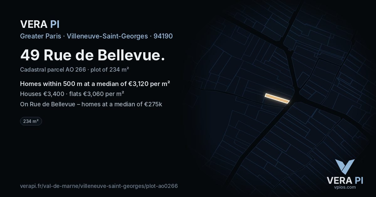 49 Rue de Bellevue, Villeneuve-Saint-Georges at night – the plot lit, the parcels around coloured by the prices near them