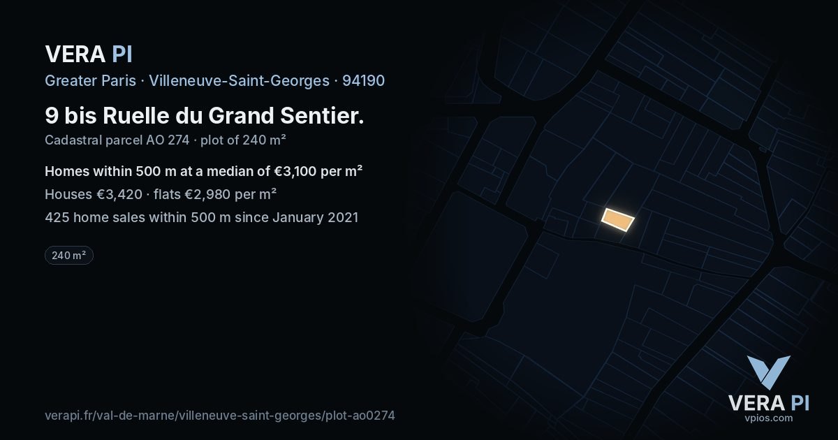 9 bis Ruelle du Grand Sentier, Villeneuve-Saint-Georges at night – the plot lit, the parcels around coloured by the prices near them