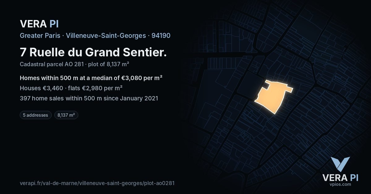 7 Ruelle du Grand Sentier, Villeneuve-Saint-Georges at night – the plot lit, the parcels around coloured by the prices near them
