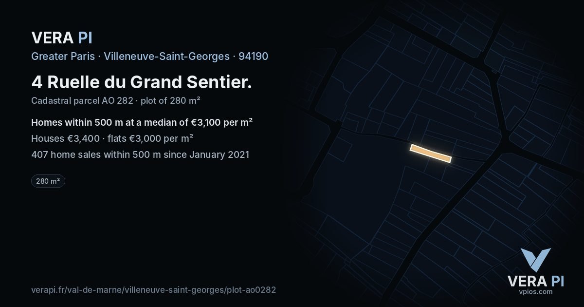 4 Ruelle du Grand Sentier, Villeneuve-Saint-Georges at night – the plot lit, the parcels around coloured by the prices near them