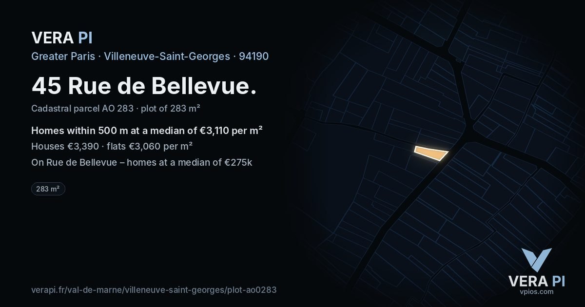 45 Rue de Bellevue, Villeneuve-Saint-Georges at night – the plot lit, the parcels around coloured by the prices near them