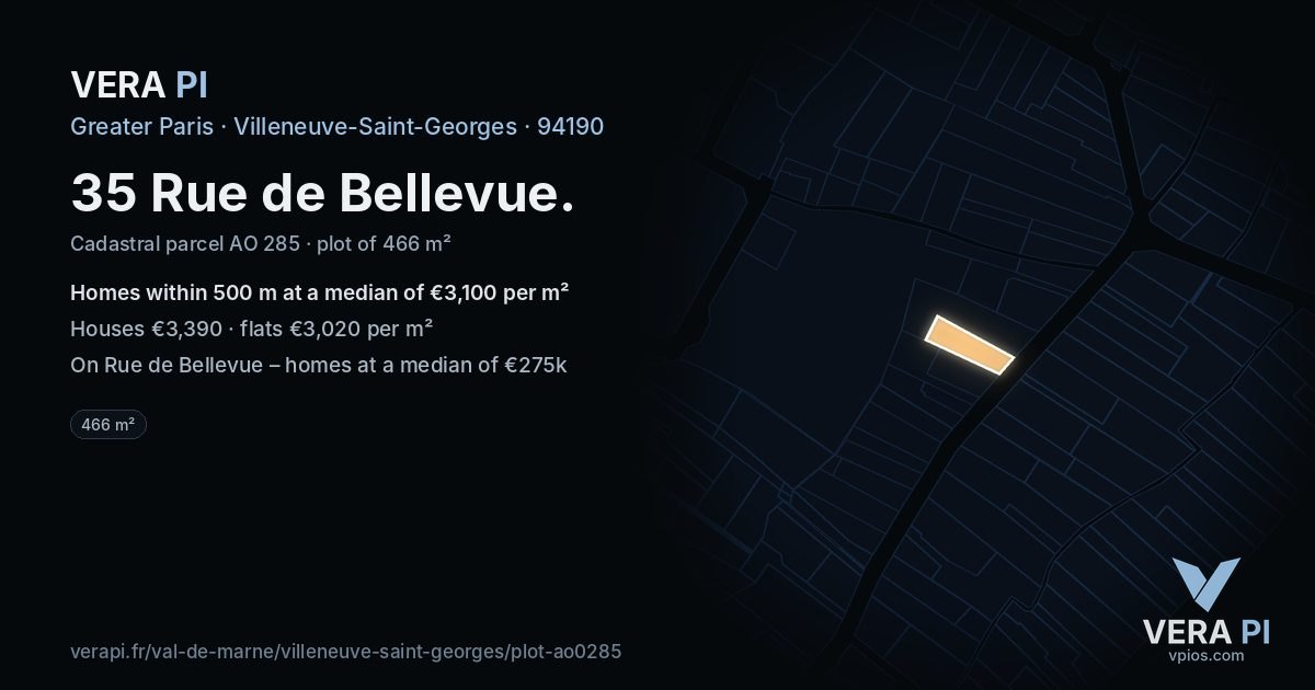 35 Rue de Bellevue, Villeneuve-Saint-Georges at night – the plot lit, the parcels around coloured by the prices near them