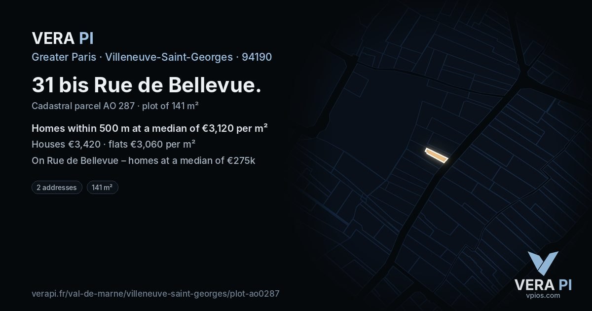 31 bis Rue de Bellevue, Villeneuve-Saint-Georges at night – the plot lit, the parcels around coloured by the prices near them