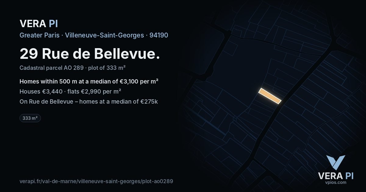 29 Rue de Bellevue, Villeneuve-Saint-Georges at night – the plot lit, the parcels around coloured by the prices near them