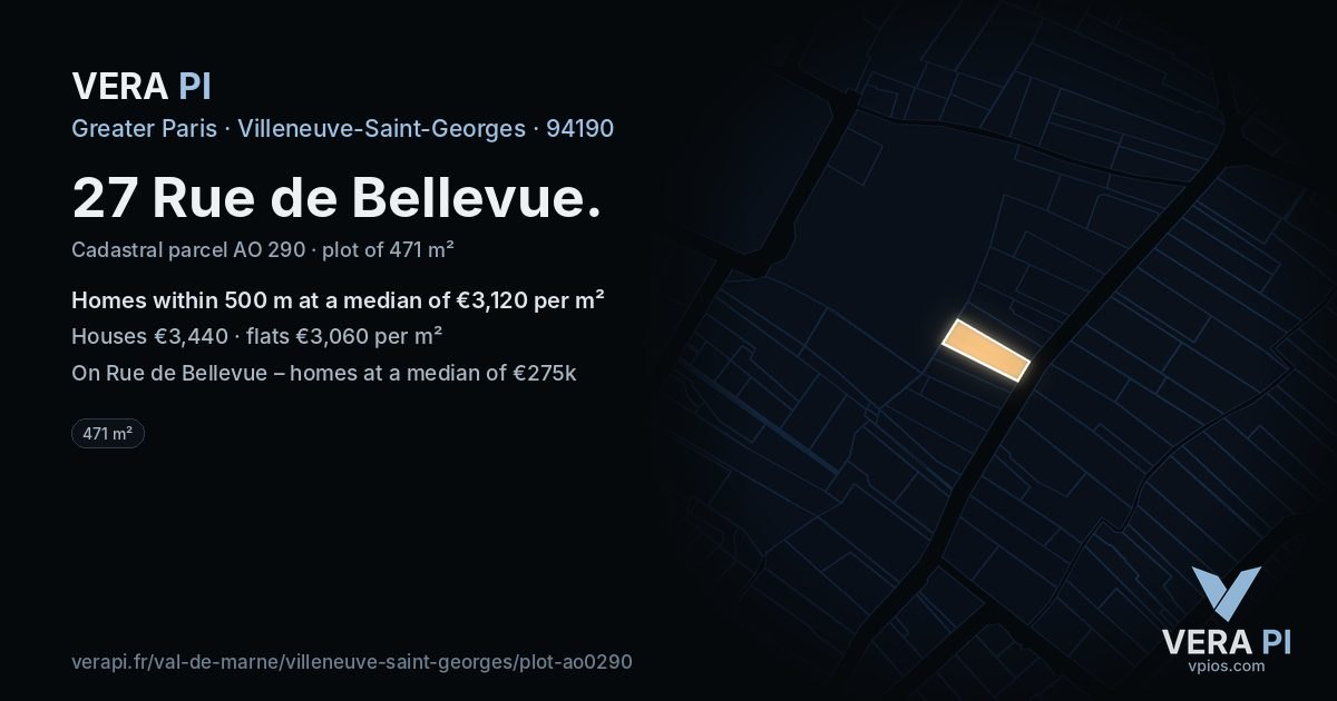 27 Rue de Bellevue, Villeneuve-Saint-Georges at night – the plot lit, the parcels around coloured by the prices near them