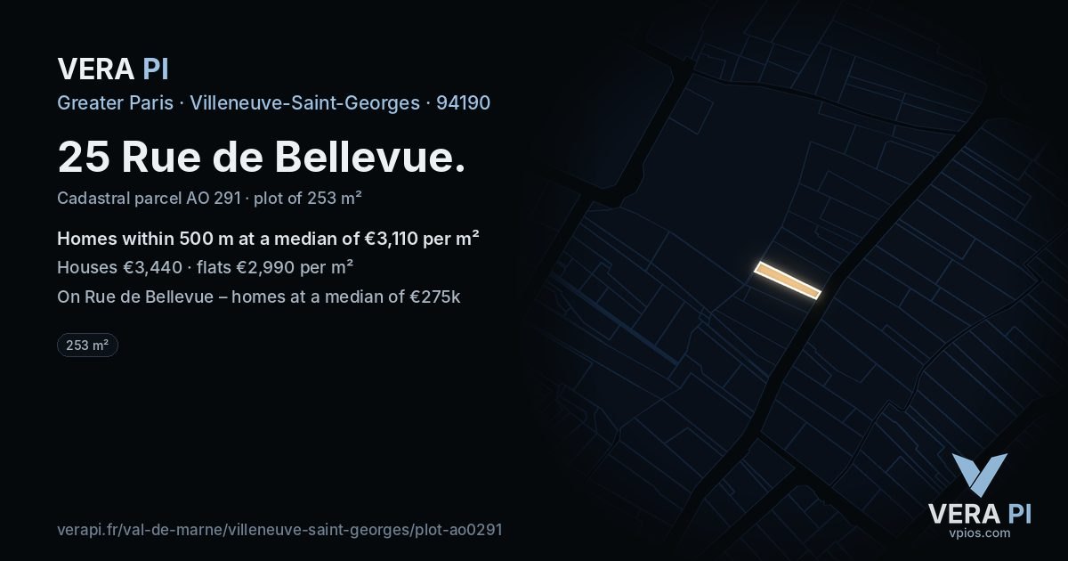25 Rue de Bellevue, Villeneuve-Saint-Georges at night – the plot lit, the parcels around coloured by the prices near them