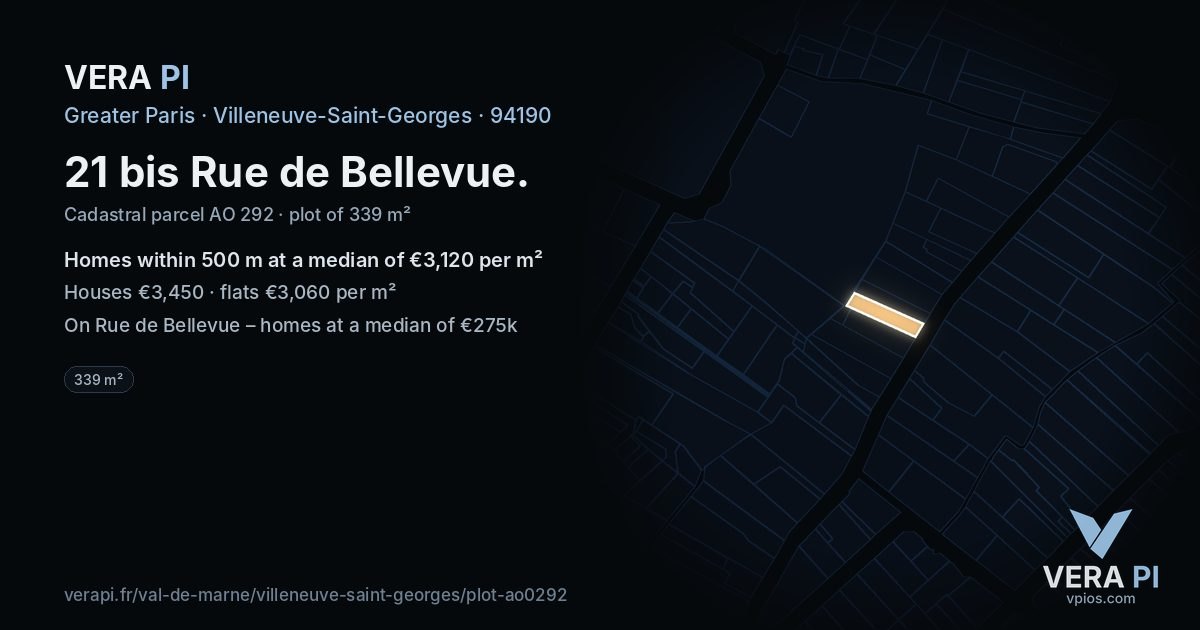 21 bis Rue de Bellevue, Villeneuve-Saint-Georges at night – the plot lit, the parcels around coloured by the prices near them