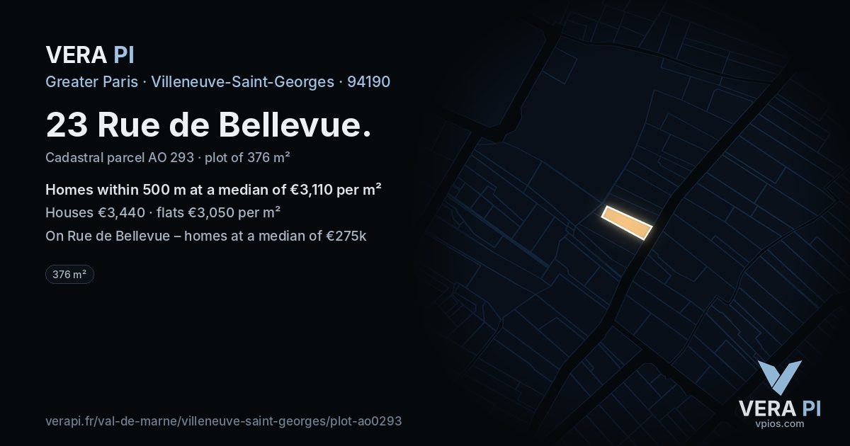 23 Rue de Bellevue, Villeneuve-Saint-Georges at night – the plot lit, the parcels around coloured by the prices near them