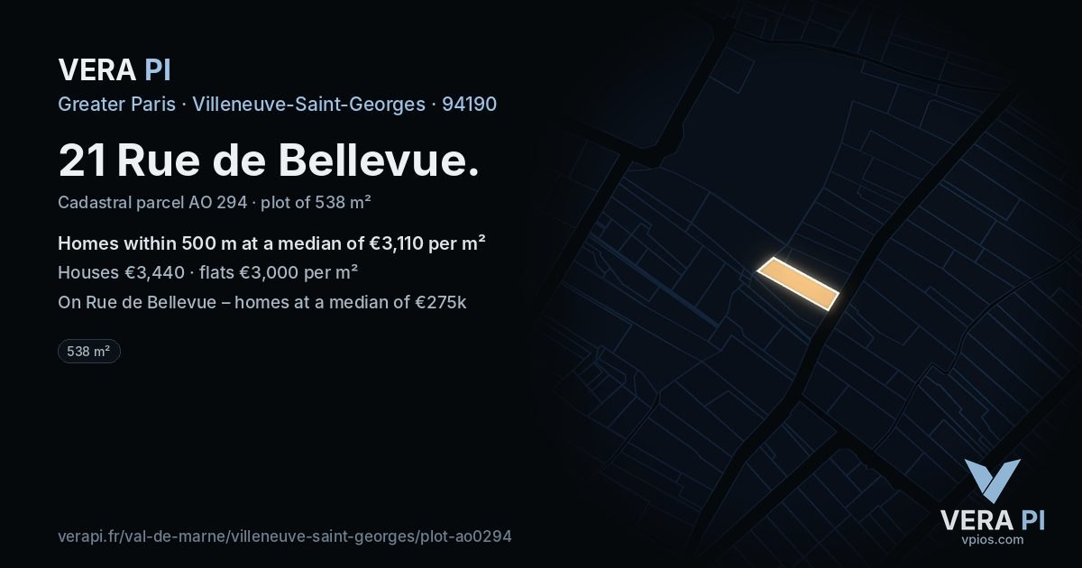 21 Rue de Bellevue, Villeneuve-Saint-Georges at night – the plot lit, the parcels around coloured by the prices near them