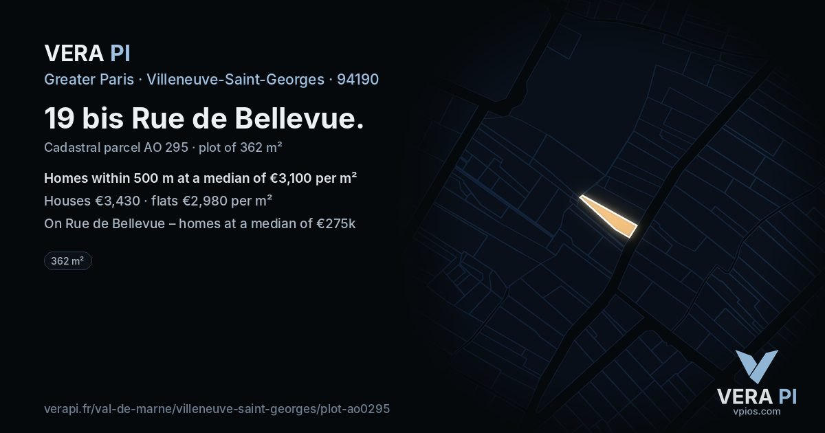 19 bis Rue de Bellevue, Villeneuve-Saint-Georges at night – the plot lit, the parcels around coloured by the prices near them
