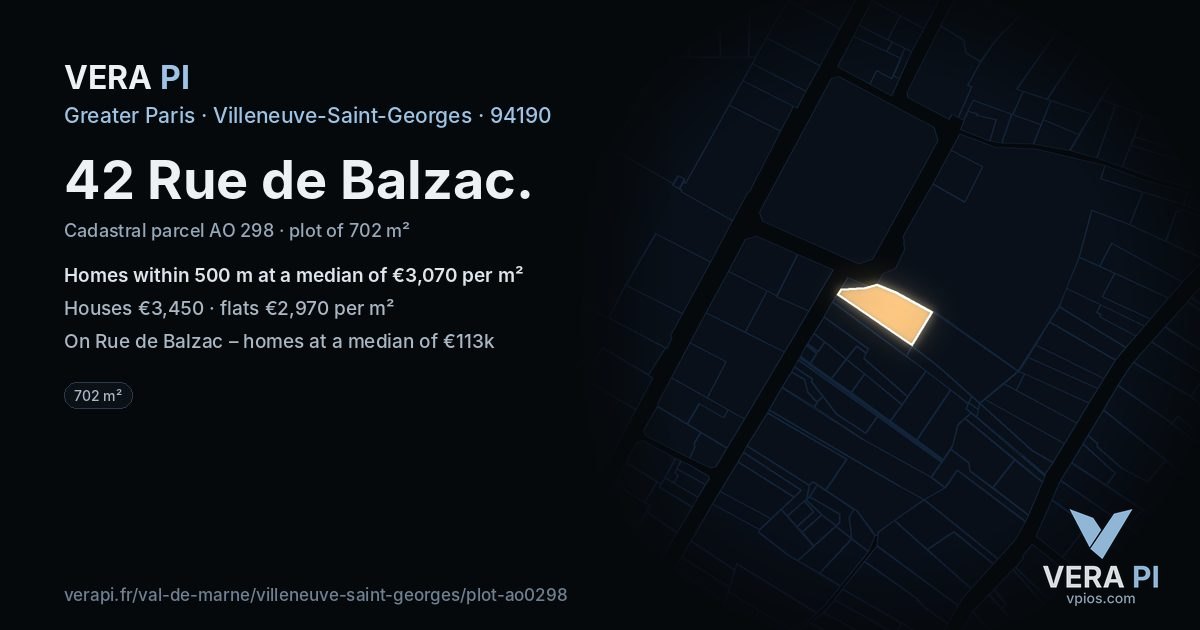 42 Rue de Balzac, Villeneuve-Saint-Georges at night – the plot lit, the parcels around coloured by the prices near them