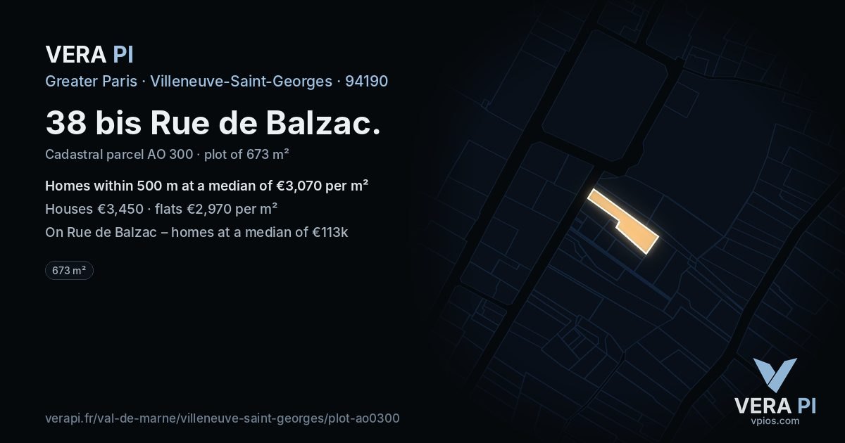 38 bis Rue de Balzac, Villeneuve-Saint-Georges at night – the plot lit, the parcels around coloured by the prices near them