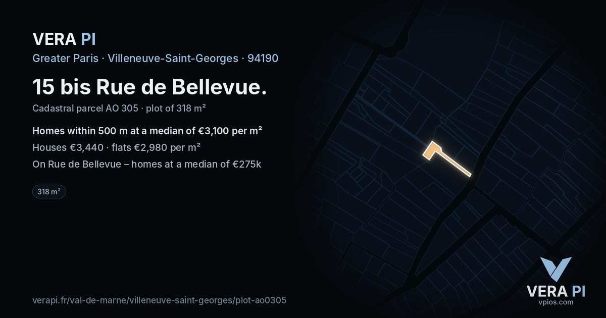 15 bis Rue de Bellevue, Villeneuve-Saint-Georges at night – the plot lit, the parcels around coloured by the prices near them
