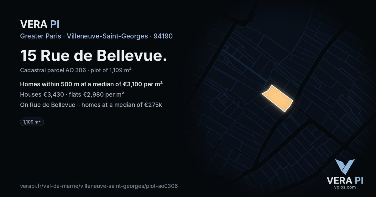 15 Rue de Bellevue, Villeneuve-Saint-Georges at night – the plot lit, the parcels around coloured by the prices near them