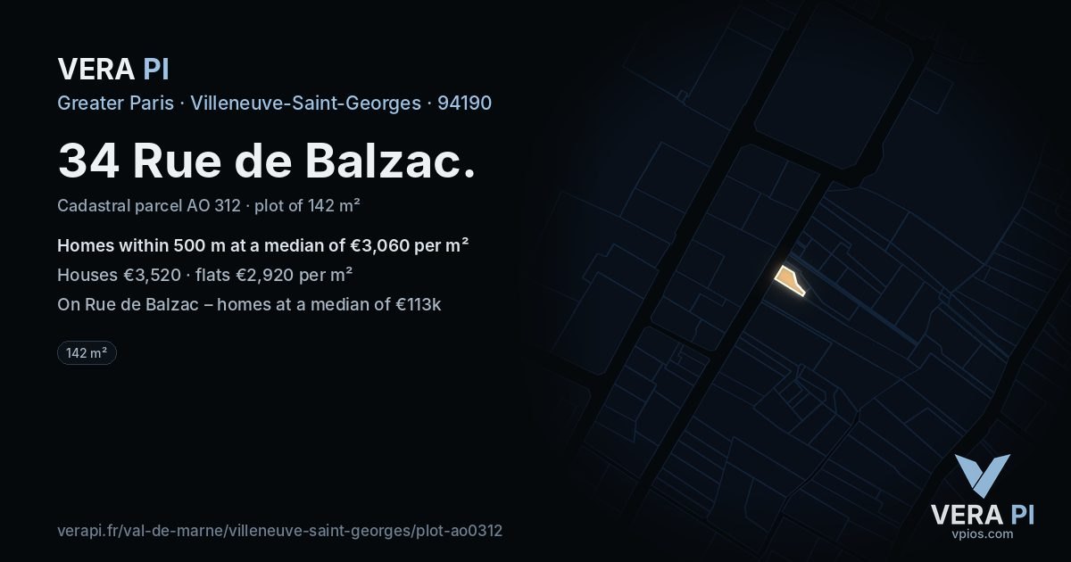 34 Rue de Balzac, Villeneuve-Saint-Georges at night – the plot lit, the parcels around coloured by the prices near them
