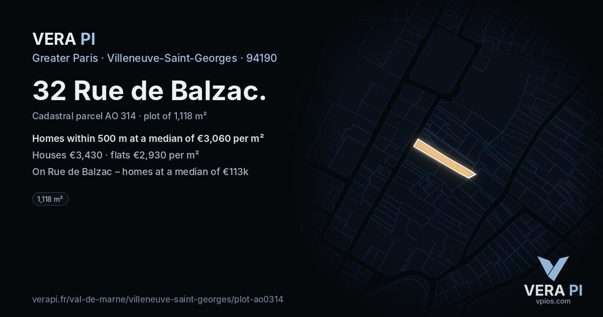 32 Rue de Balzac, Villeneuve-Saint-Georges at night – the plot lit, the parcels around coloured by the prices near them