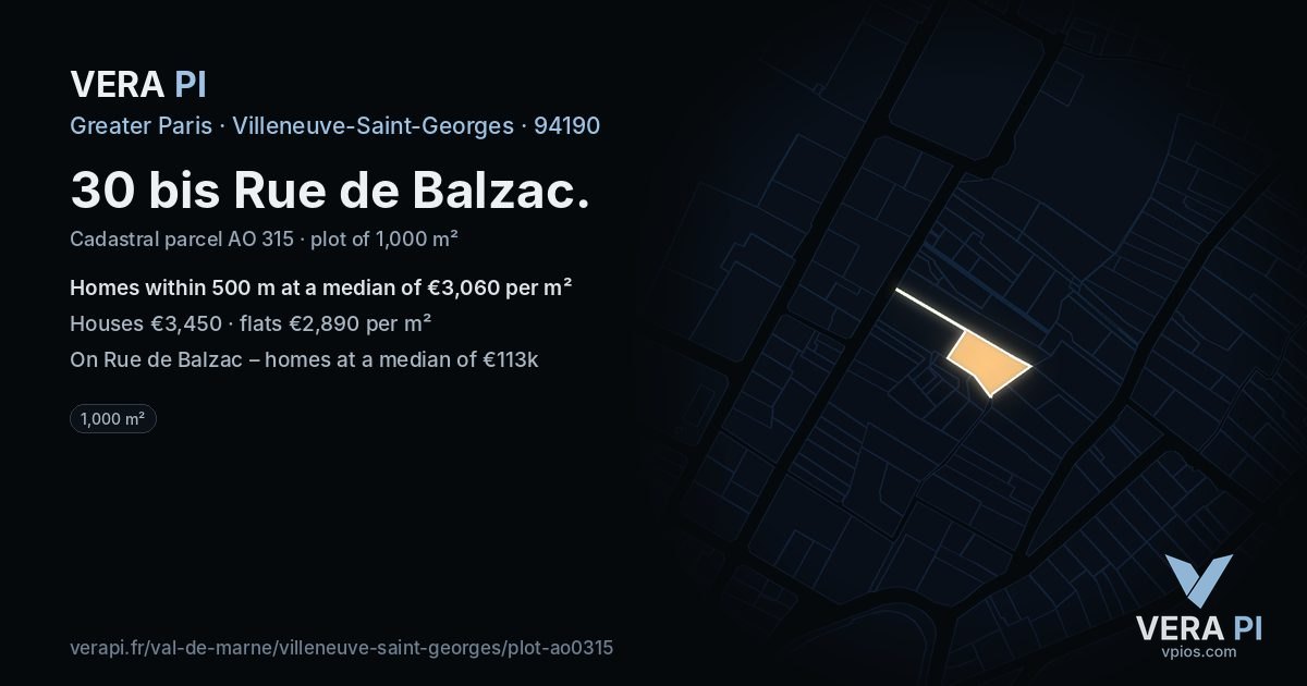 30 bis Rue de Balzac, Villeneuve-Saint-Georges at night – the plot lit, the parcels around coloured by the prices near them