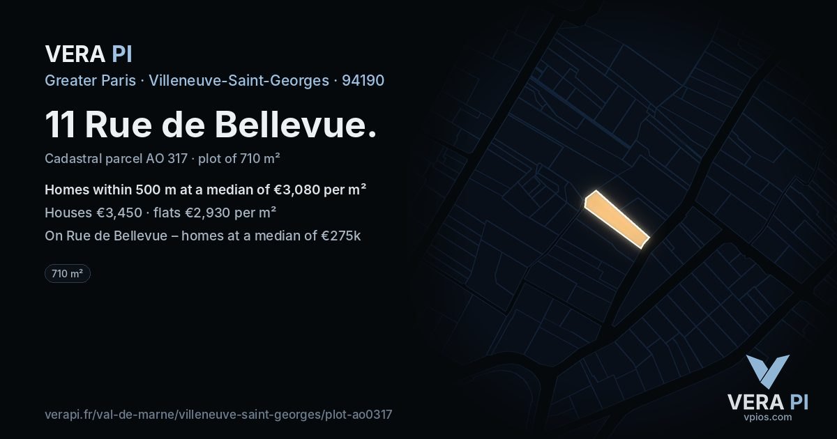 11 Rue de Bellevue, Villeneuve-Saint-Georges at night – the plot lit, the parcels around coloured by the prices near them