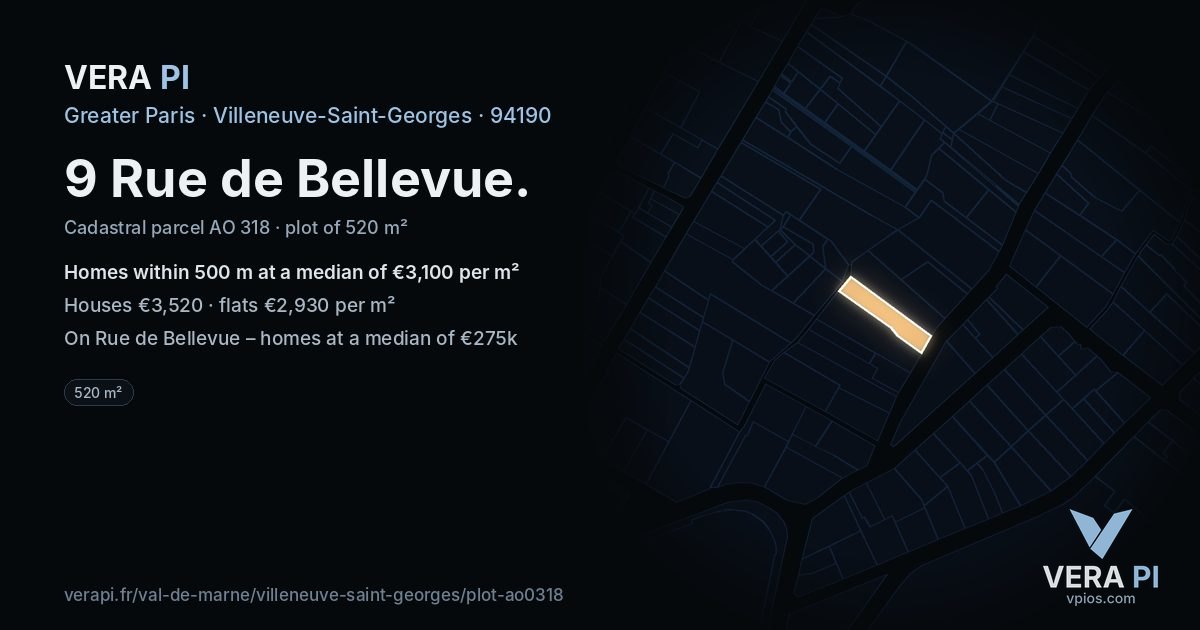 9 Rue de Bellevue, Villeneuve-Saint-Georges at night – the plot lit, the parcels around coloured by the prices near them