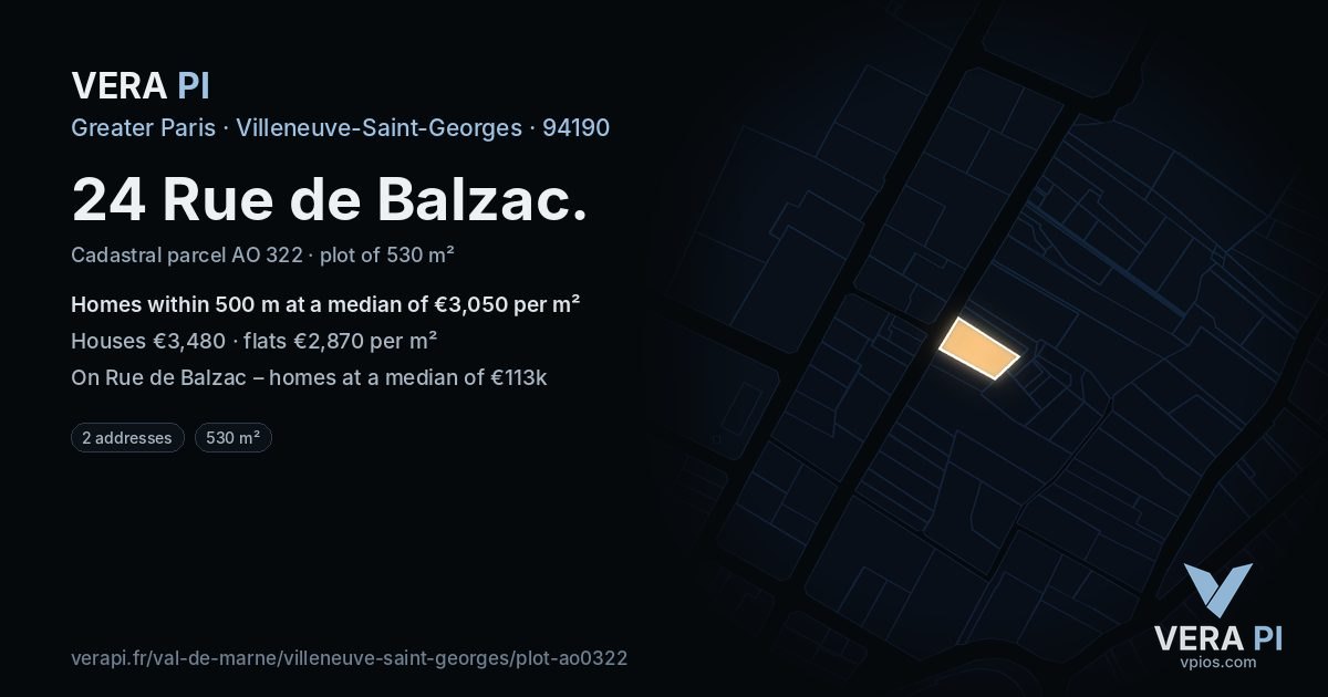 24 Rue de Balzac, Villeneuve-Saint-Georges at night – the plot lit, the parcels around coloured by the prices near them