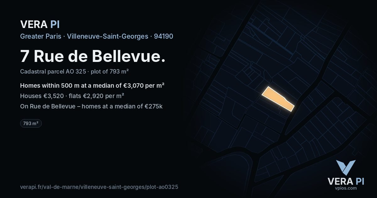 7 Rue de Bellevue, Villeneuve-Saint-Georges at night – the plot lit, the parcels around coloured by the prices near them