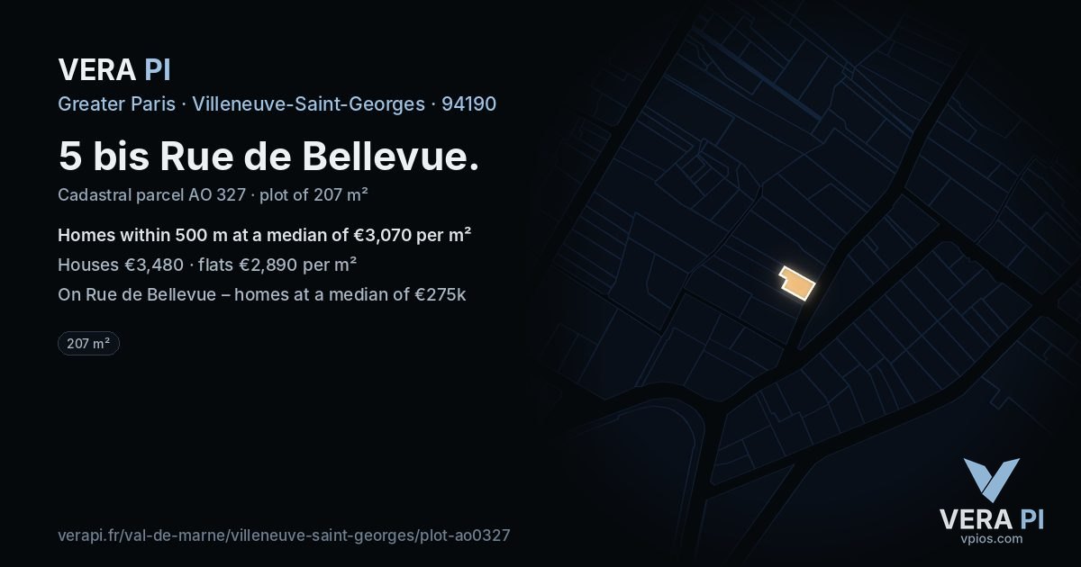 5 bis Rue de Bellevue, Villeneuve-Saint-Georges at night – the plot lit, the parcels around coloured by the prices near them