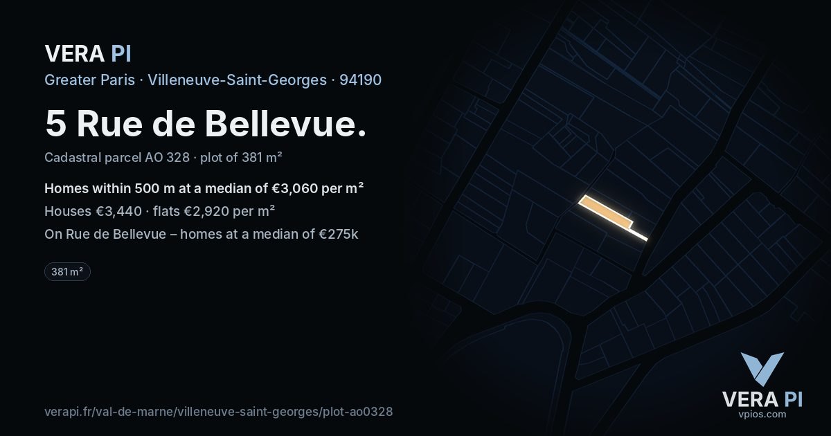 5 Rue de Bellevue, Villeneuve-Saint-Georges at night – the plot lit, the parcels around coloured by the prices near them