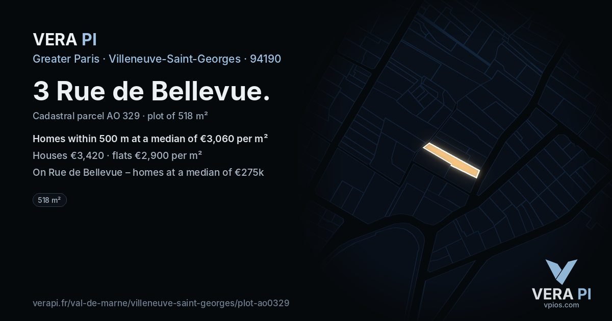 3 Rue de Bellevue, Villeneuve-Saint-Georges at night – the plot lit, the parcels around coloured by the prices near them