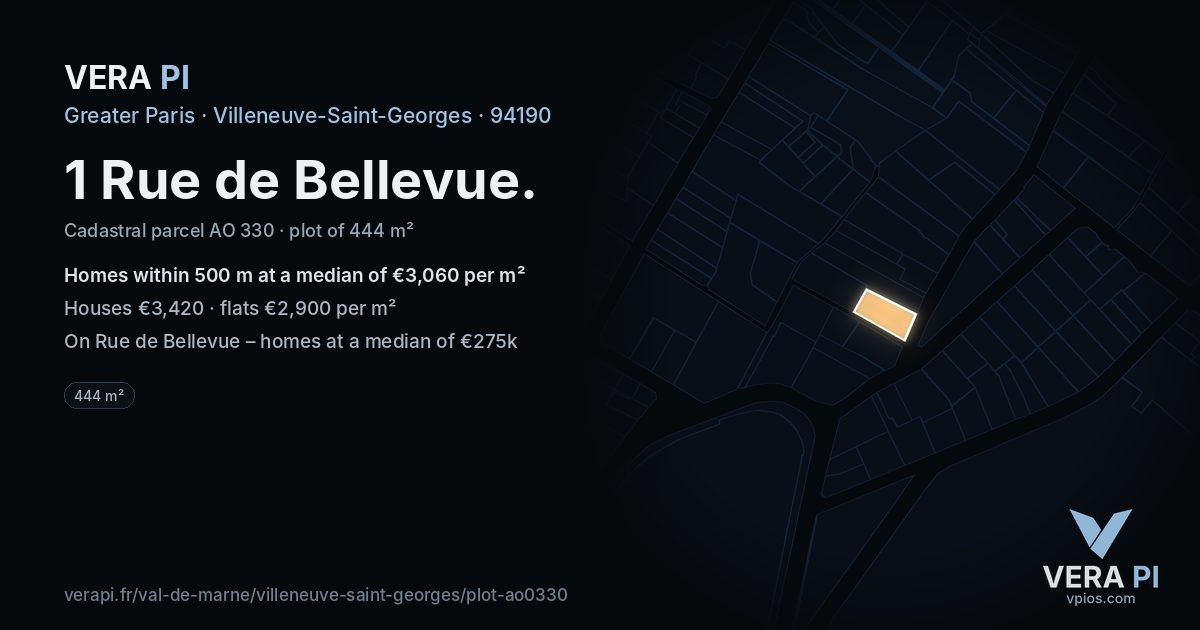 1 Rue de Bellevue, Villeneuve-Saint-Georges at night – the plot lit, the parcels around coloured by the prices near them