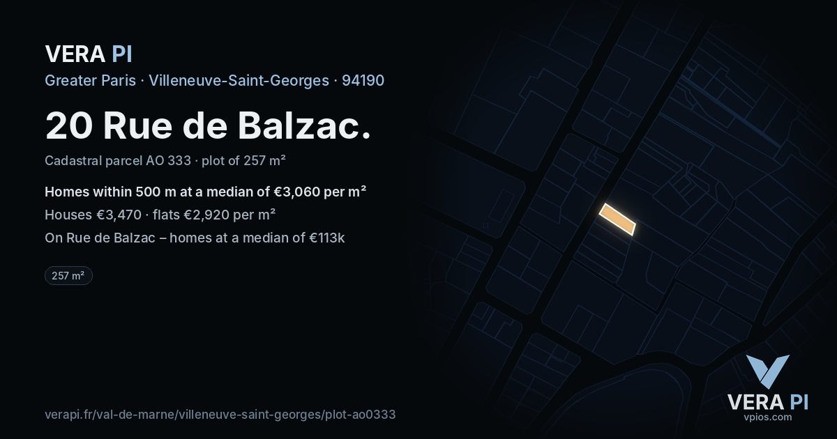 20 Rue de Balzac, Villeneuve-Saint-Georges at night – the plot lit, the parcels around coloured by the prices near them
